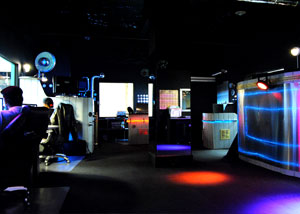 An office space themed to look like a space station.